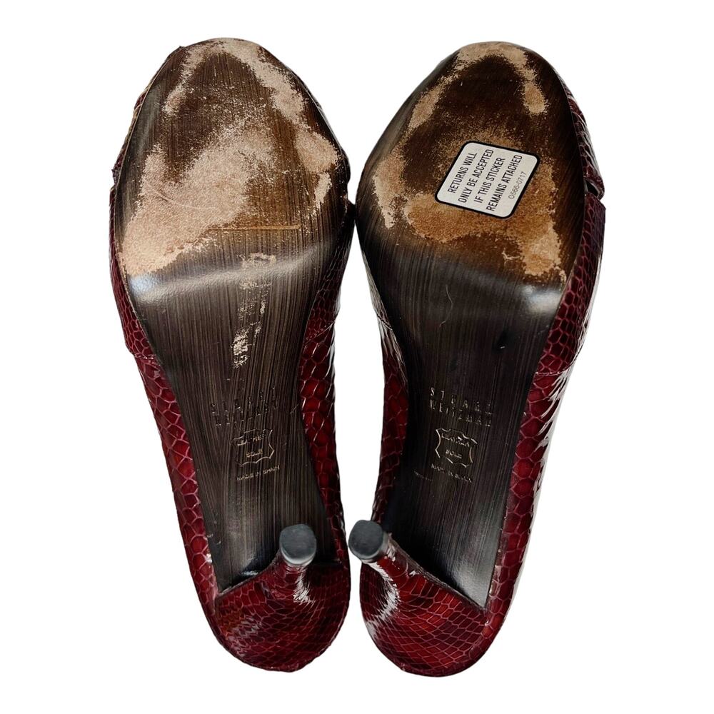 STUART WEITZMAN Embossed Leather Pumps Red Peep Toe Stiletto Heel Spain EUC 6.5M - Picture 9 of 11